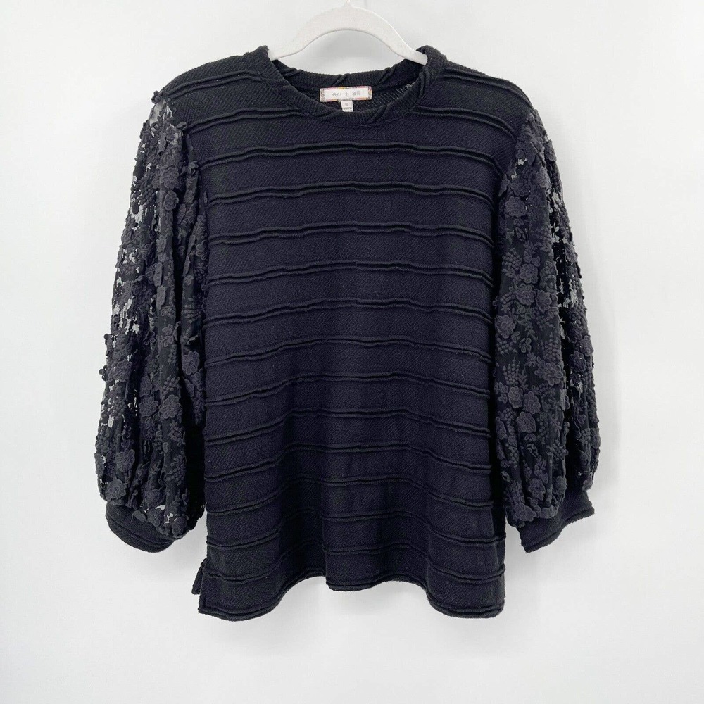 Anthropologie Eri & Ali Chelsea Knit Top Lace Balloon Sleeve Black Size S Stripe